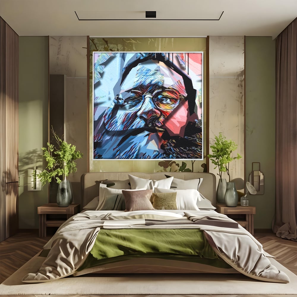 Tablou canvas cu tablou canvas cu chip abstract, in rama de aluminiu argintiu, pe perete intr-un dormitor